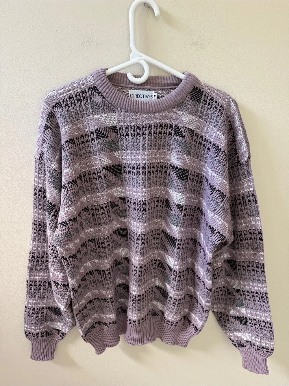 Vintage 90s Men's Purple, Black, Grey Abstract Patterned Crewneck Sweater, Sz M